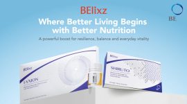 BElixz product line featuring SHIRUTO, LIVCORE, and I-VXION against a light blue background with the tagline "Where Better Living Begins with Better Nutrition"